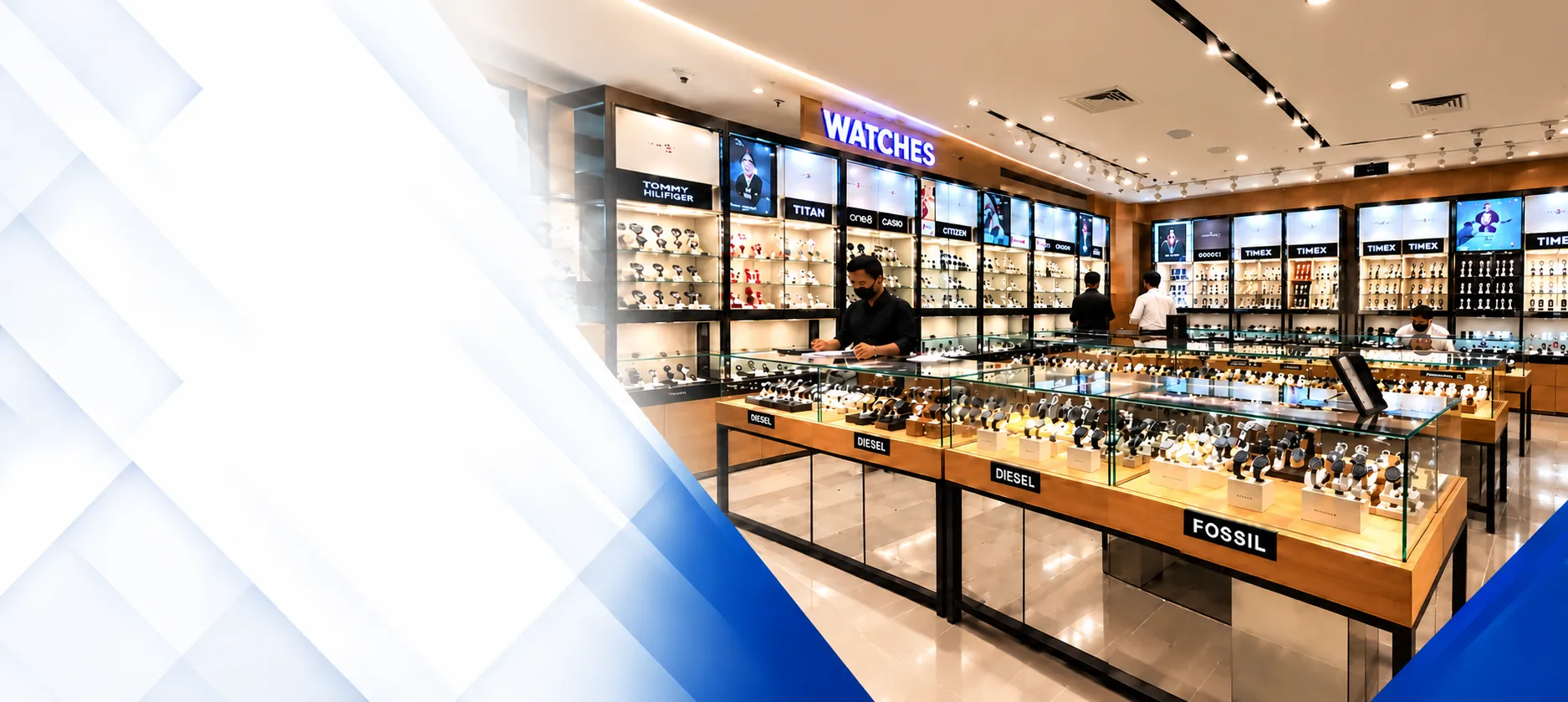 Premium watch store interior with glass display counters by Design House