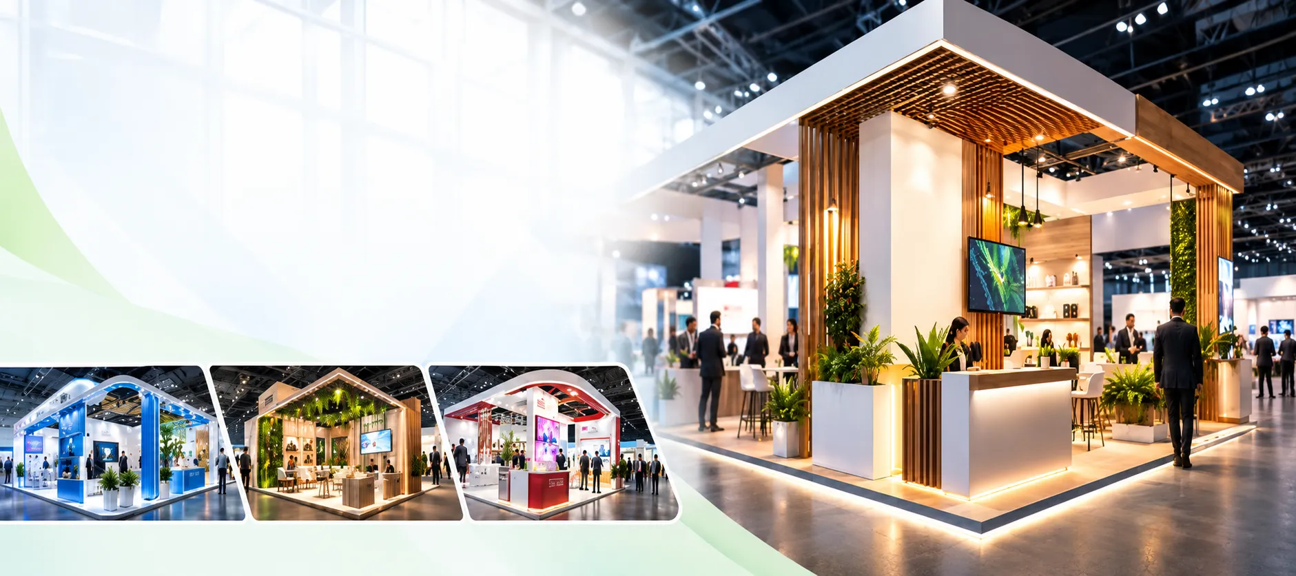 Exhibition stall with wooden slat canopy, planters and reception counter, designed and built by Design House