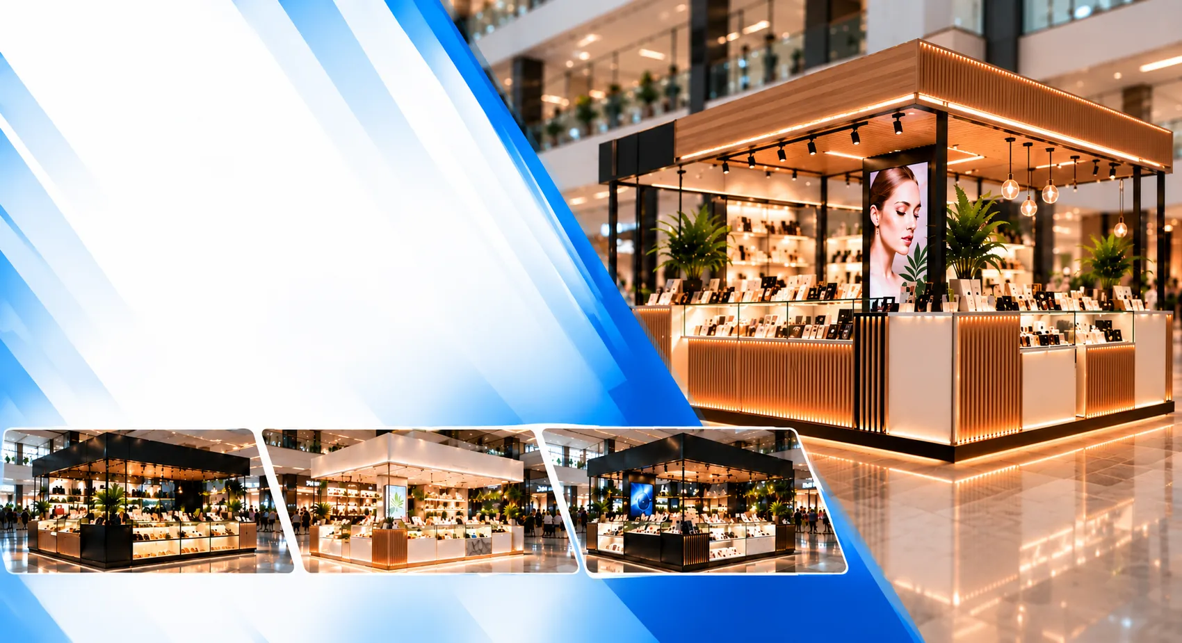 Retail kiosk with wooden slat canopy and lit glass display counters in a shopping mall by Design House