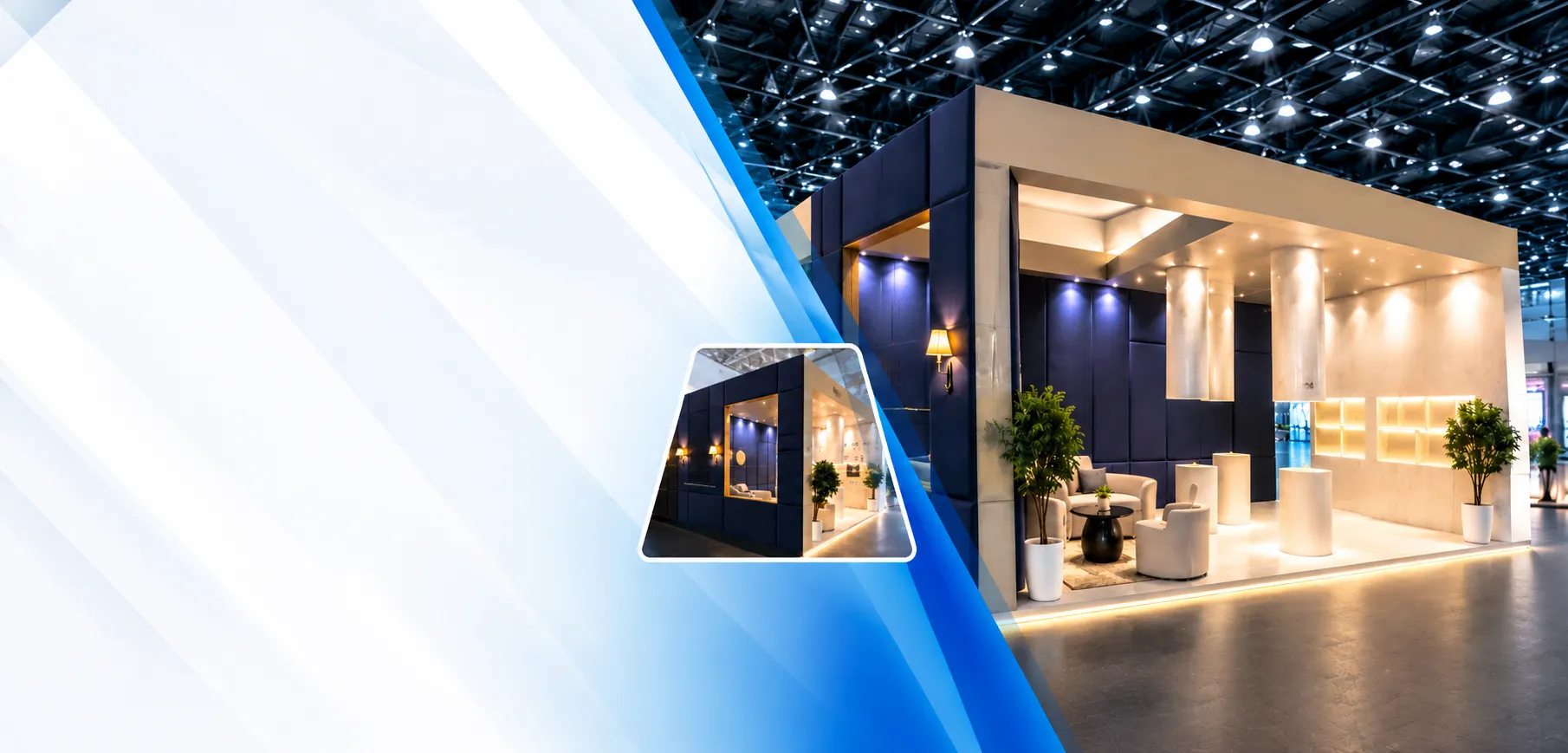 Premium exhibition stand with navy upholstered walls, marble pillars and lounge seating by Design House